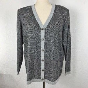Vintage Abstract Print Button Up Cardigan Metallic Thread Silver Black Geometric